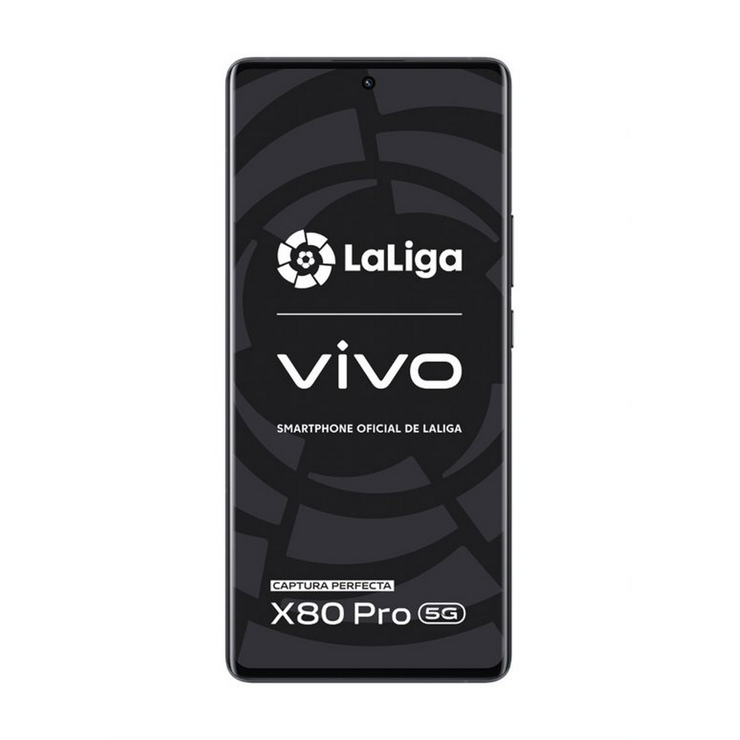 Smartphone negro con logo La Liga, marca Vivo y texto X80 Pro 5G en la pantalla.