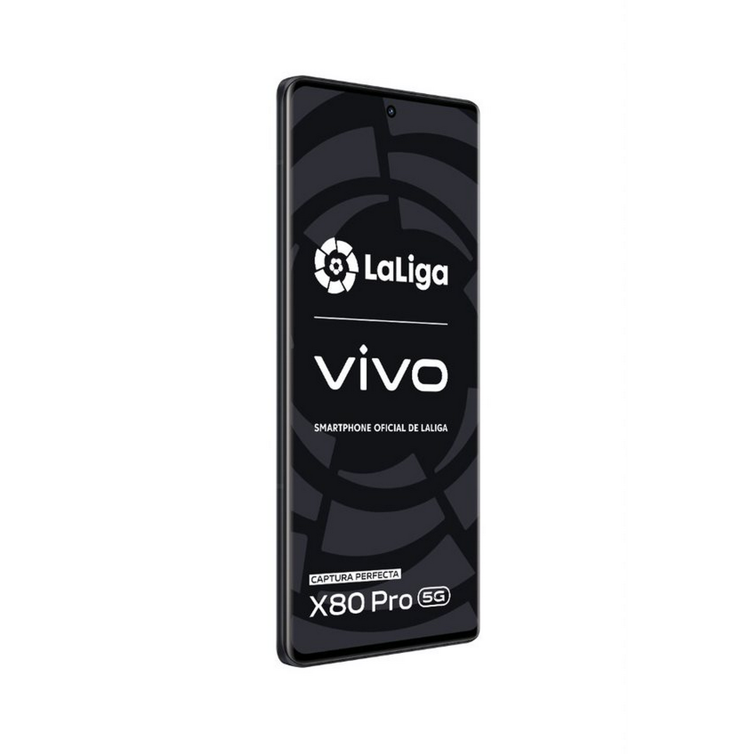 Smartphone Vivo negro con logo LaLiga en la pantalla, fondo blanco.