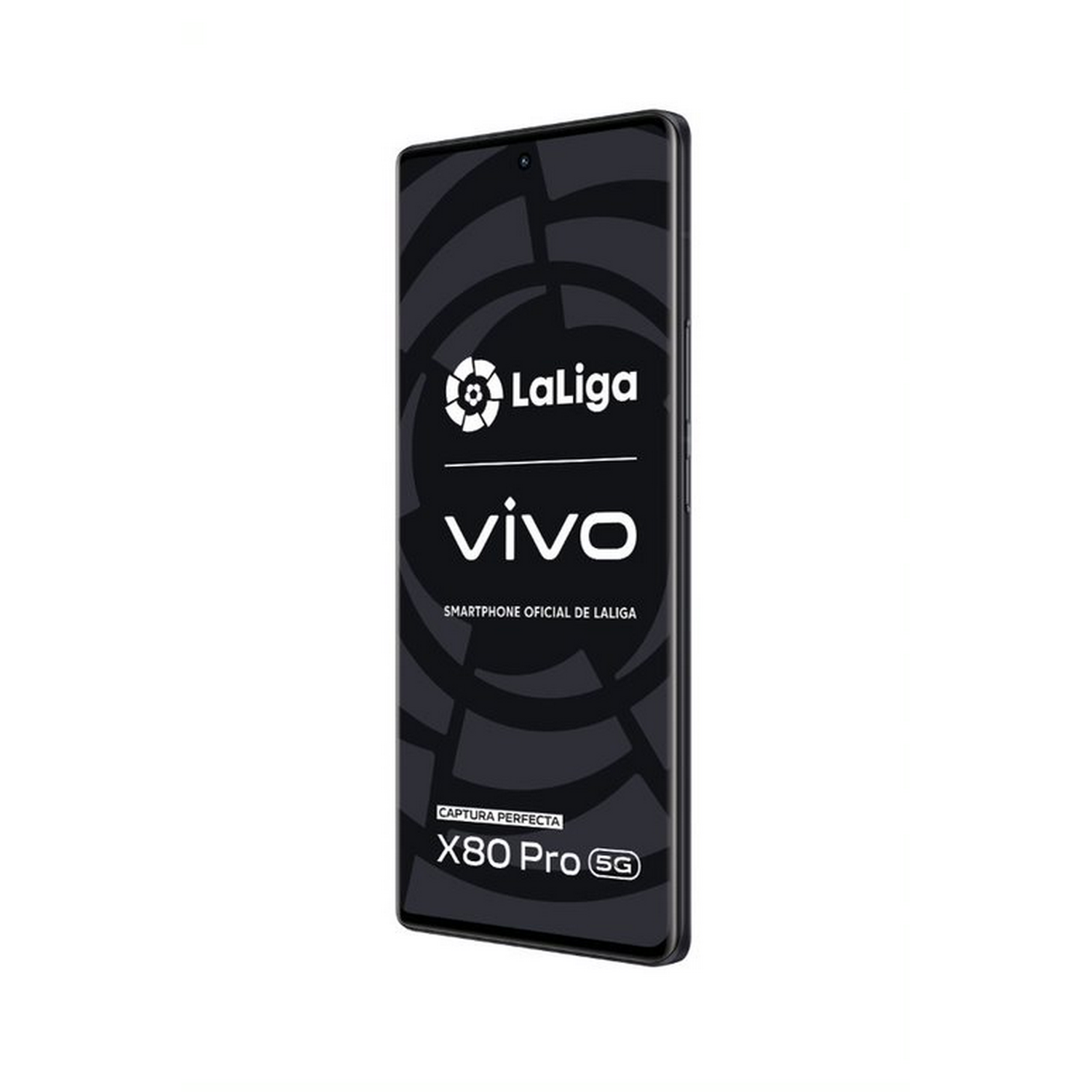 Un smartphone Vivo X80 Pro 5G sobre un fondo blanco. El teléfono tiene un logotipo de LaLiga.