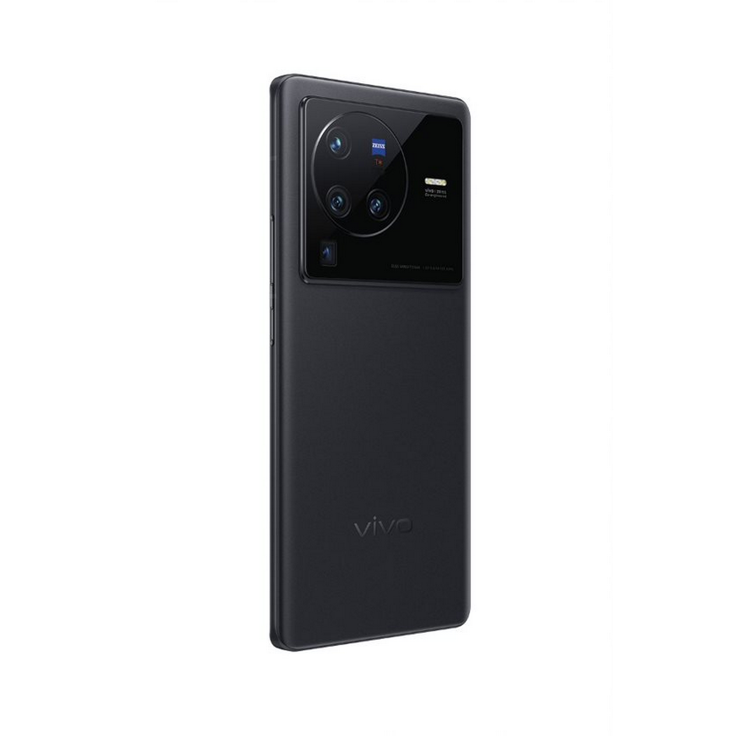 Teléfono Vivo negro con múltiples cámaras en la parte posterior. Diseño elegante, aislado sobre fondo blanco.