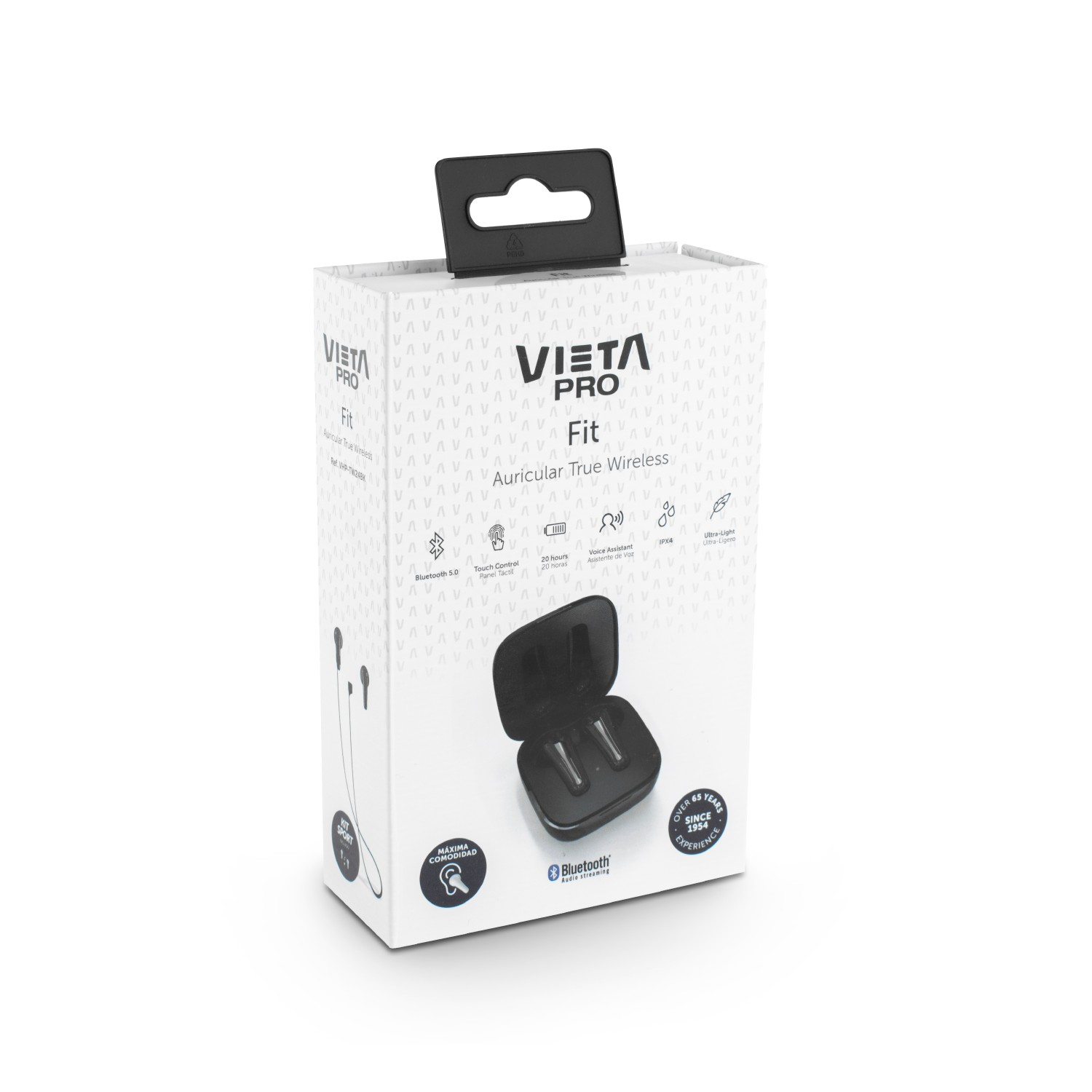 Caja blanca de auriculares 'Vieta Pro Fit', con un asa negra y un par de auriculares dentro.