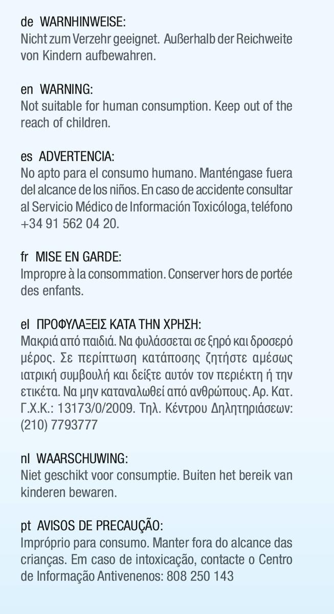 Warnhinweis in mehreren Sprachen zu einem Produkt, das außerhalb der Reichweite von Kindern aufbewahrt werden soll.