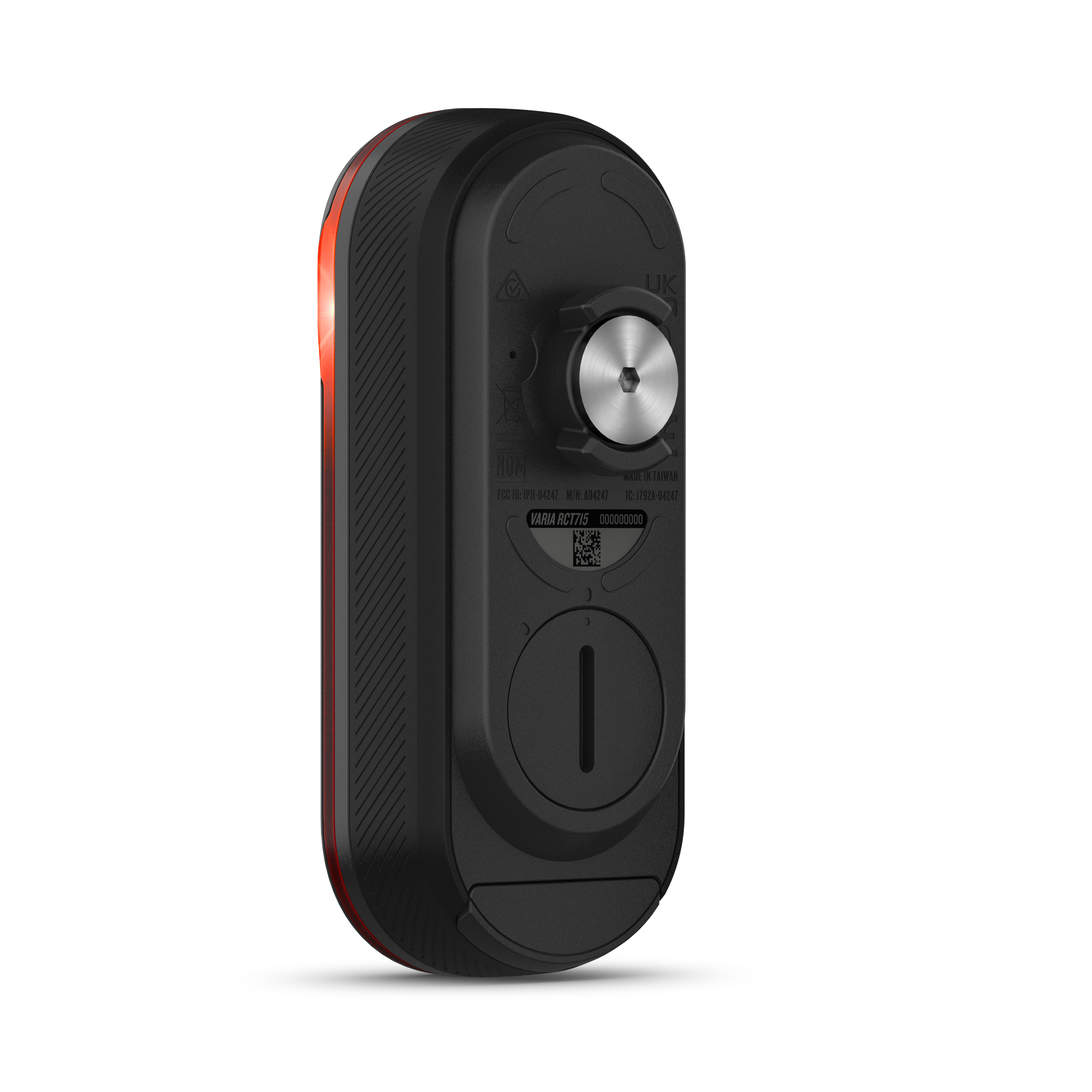 Schwarzes Garmin-Fahrradlicht, die Rückseite ist sichtbar. Rotes Licht ist an. Weißer Hintergrund.