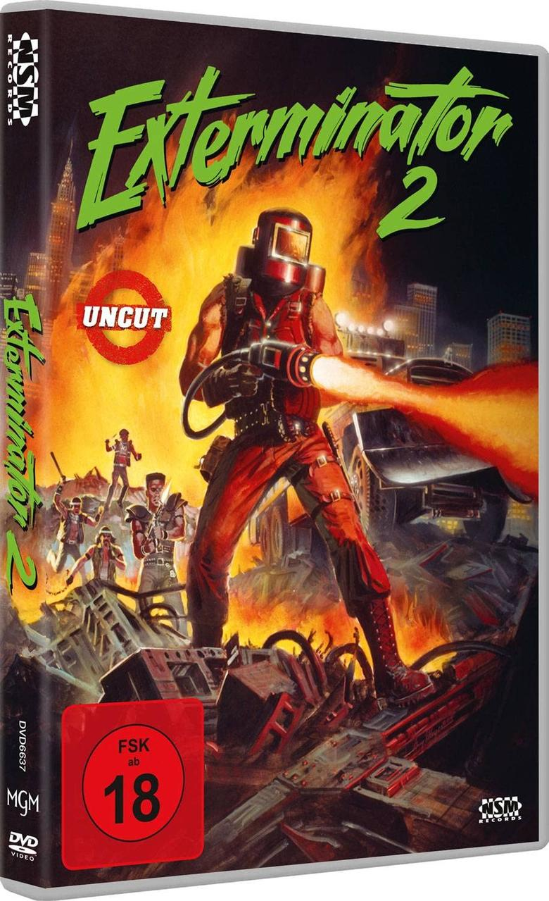 DVD-Cover für 'Exterminator 2', ein Film mit einem Mann mit Flammenwerfer.
