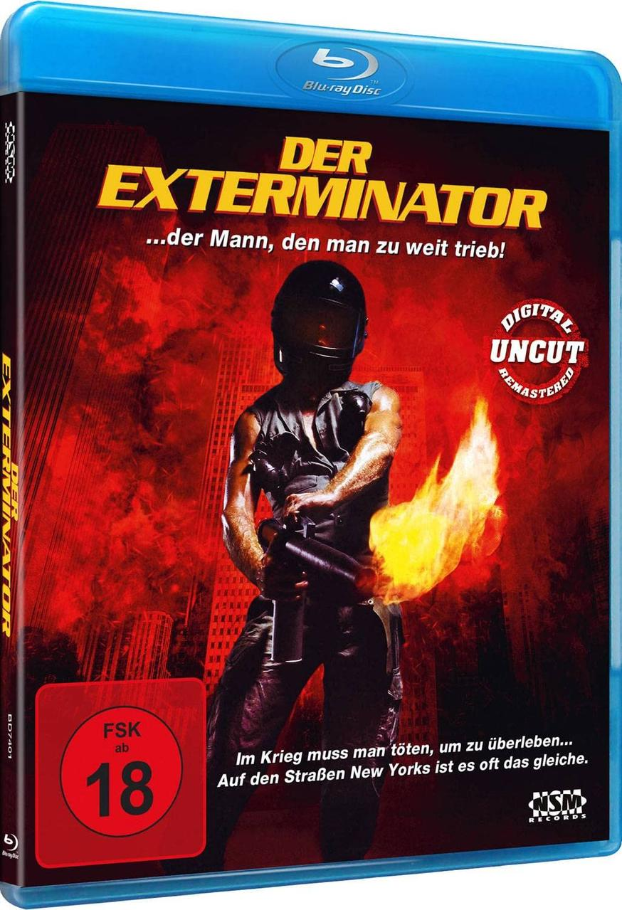 Blu-ray-Cover des Films 'Der Exterminator'. Zeigt einen Mann mit einer Waffe und Feuer im Hintergrund.