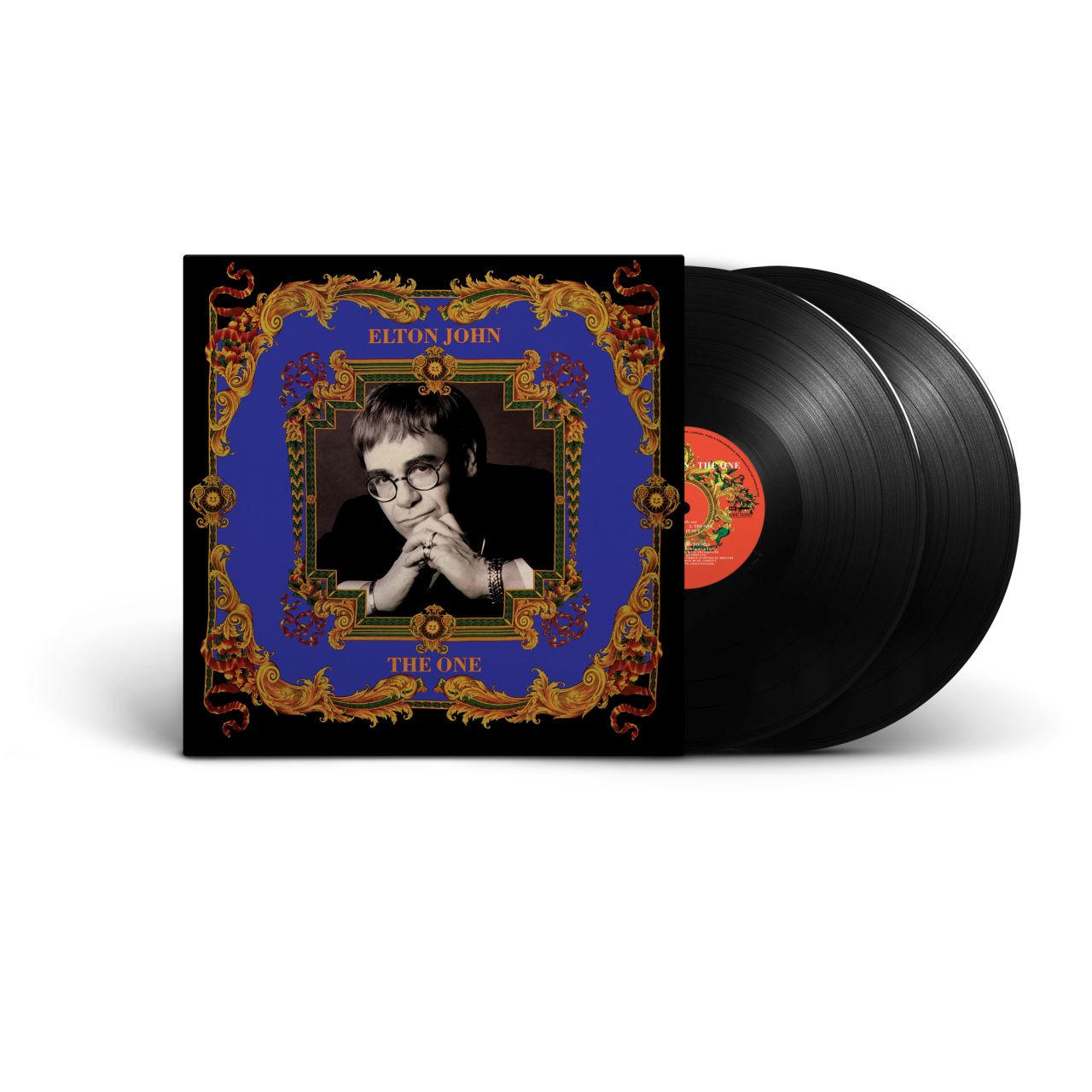 Elton John bakelitlemez albumborítója és két fekete lemez.