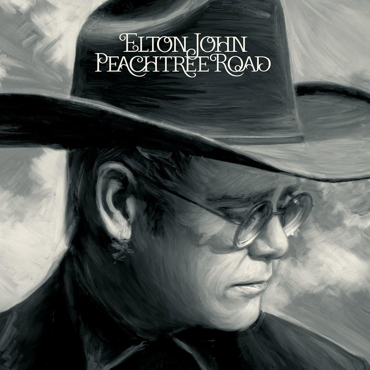 Az Elton John - Peachtree Road album borítója. Elton Johnt ábrázolja kalapban és szemüvegben.