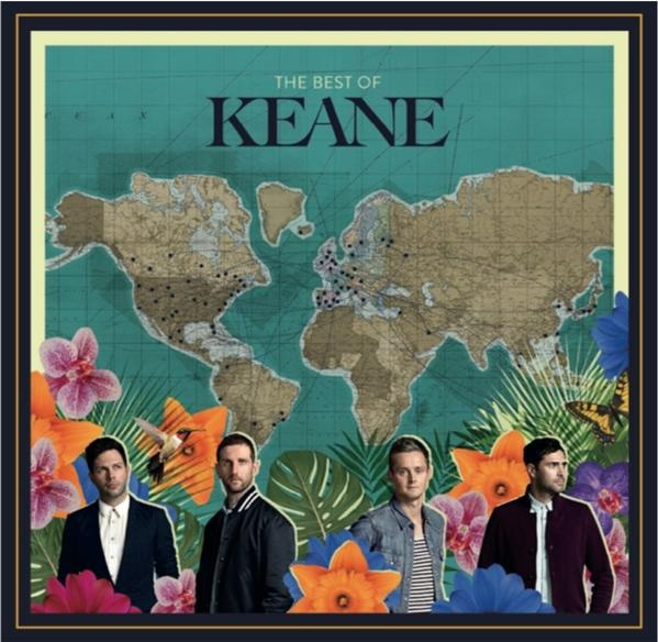 Album borító. 'Keane' együttes, világtérképpel a háttérben, virágokkal és pillangóval. Szöveg: 'The Best of Keane'.