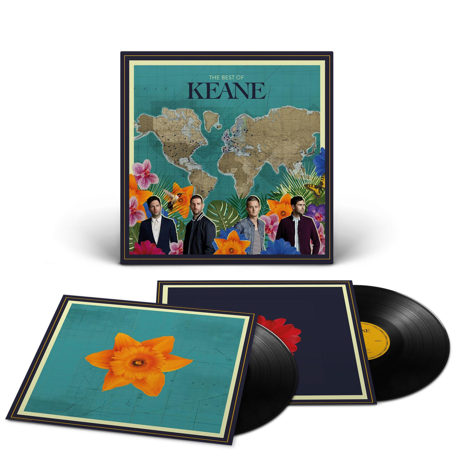 Album borító. Keane együttes tagjai, térkép, virágok és bakelit lemezek. A borítón a zenekar tagjai és a világtérkép látható.