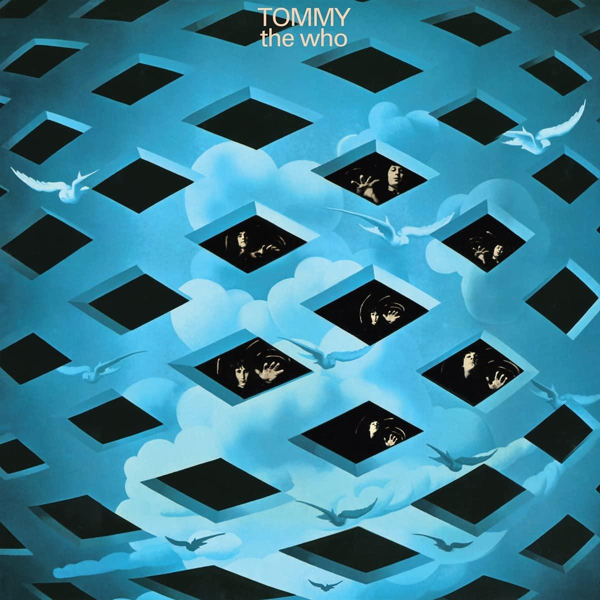 Album borító, kék háttér, fekete négyzetek arcokkal. Cím: Tommy, a The Who-tól. Fehér madarak repülnek.