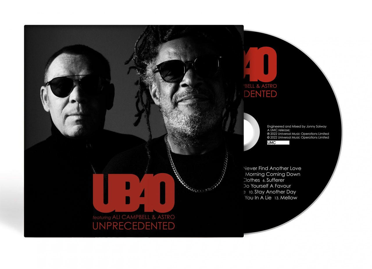 UB40 Unprecedented CD borító két napszemüveges férfival, CD-vel és a számok listájával.