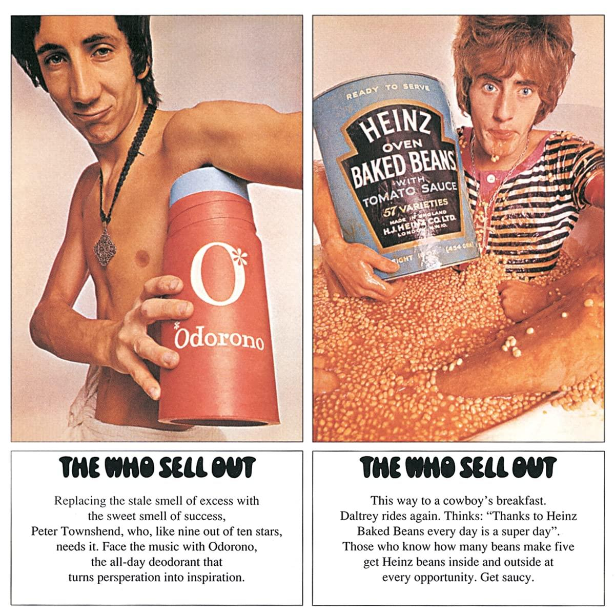 Két panel a 'The Who Sell Out'-ból, egy férfival, aki dezodort és babkonzervet tart.