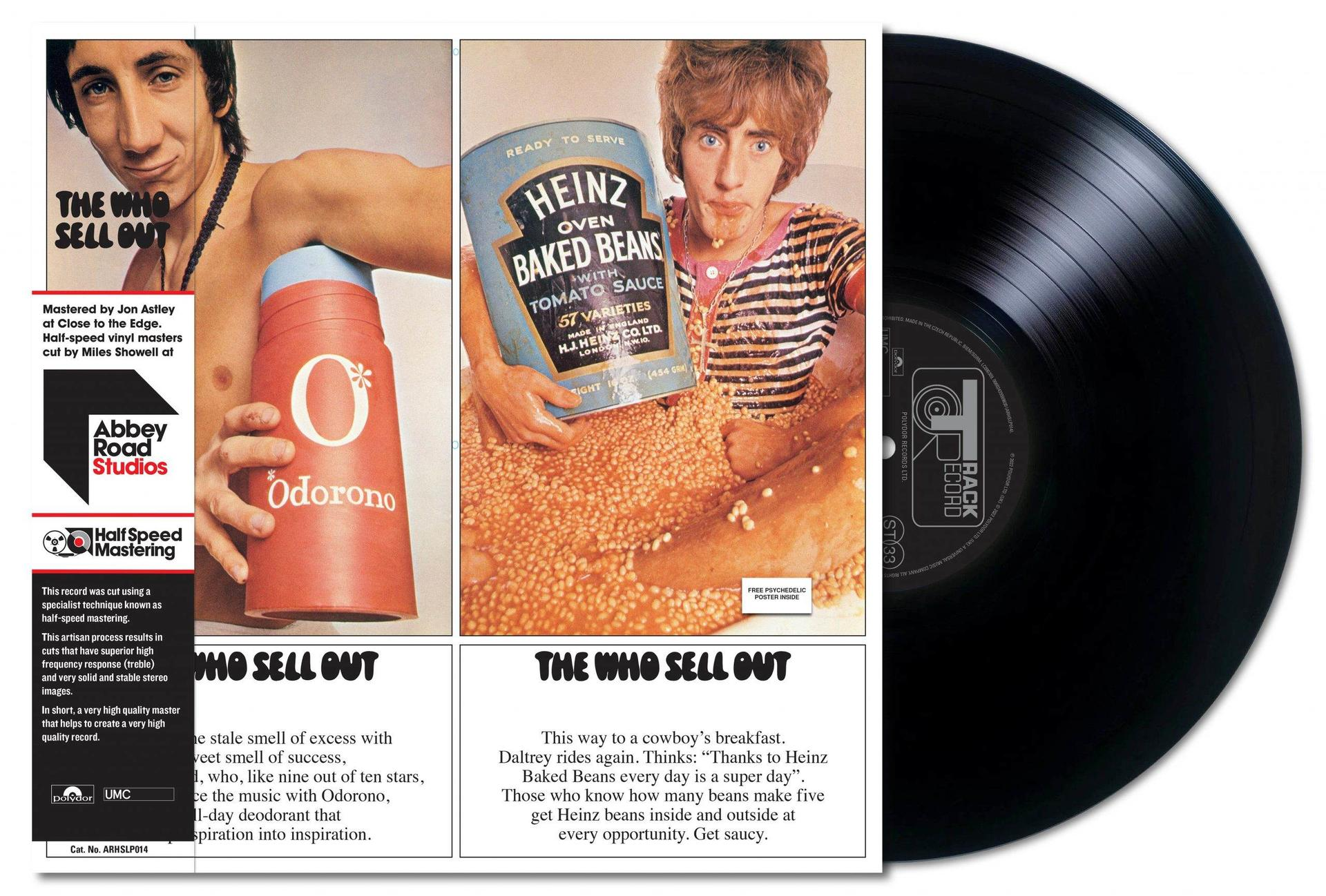 Album borító: The Who Sell Out, a zenekar tagjainak, termékeknek, és egy bakelit lemeznek a képeivel.