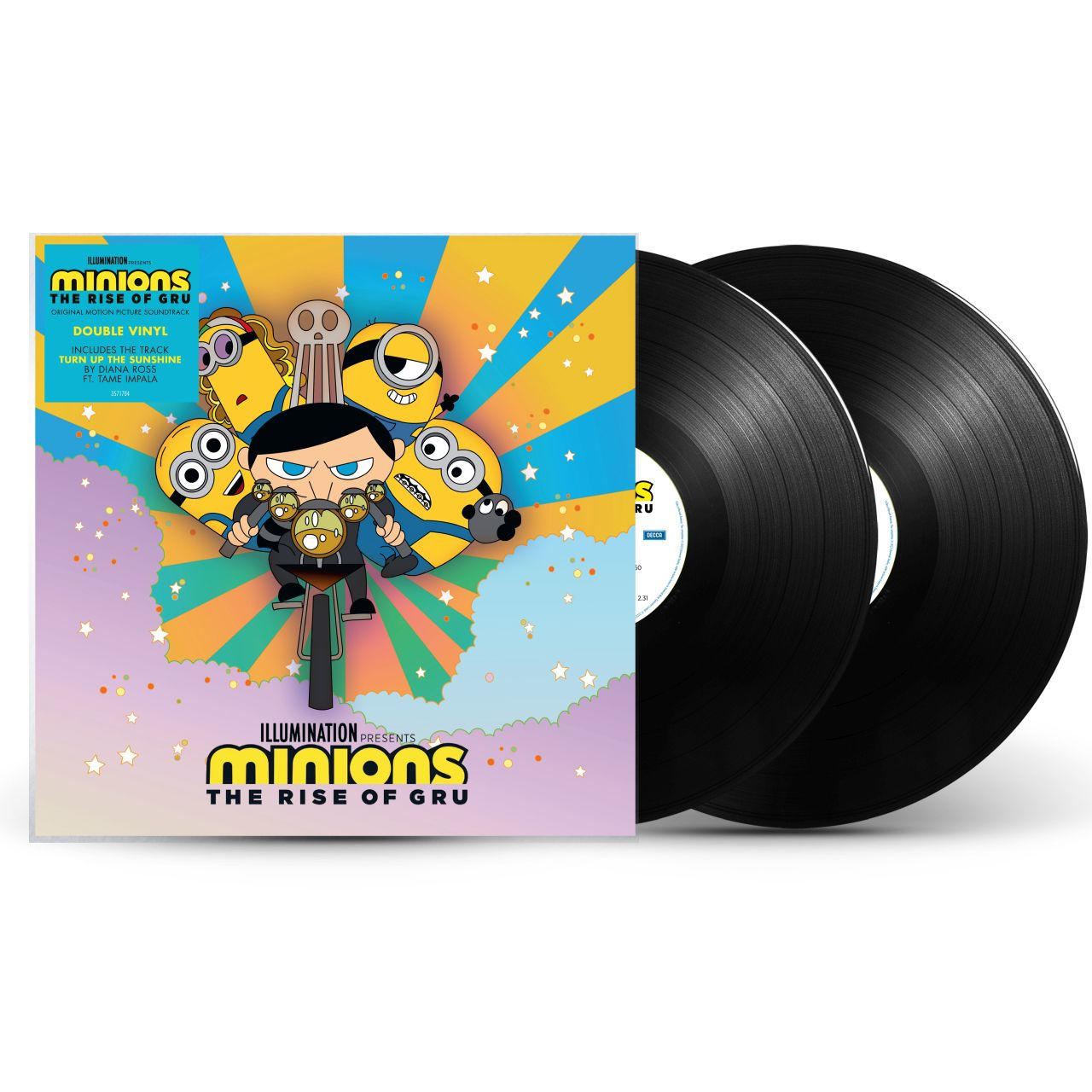 A Minions: The Rise of Gru album borítója. Két fekete bakelit lemez jobbra.
