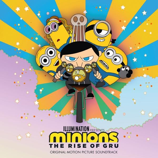 A Minyonok: Gru színre lép című film posztere, Gru-val biciklin és Minyonokkal körülötte. Színes háttér, csillagokkal és szöveggel.
