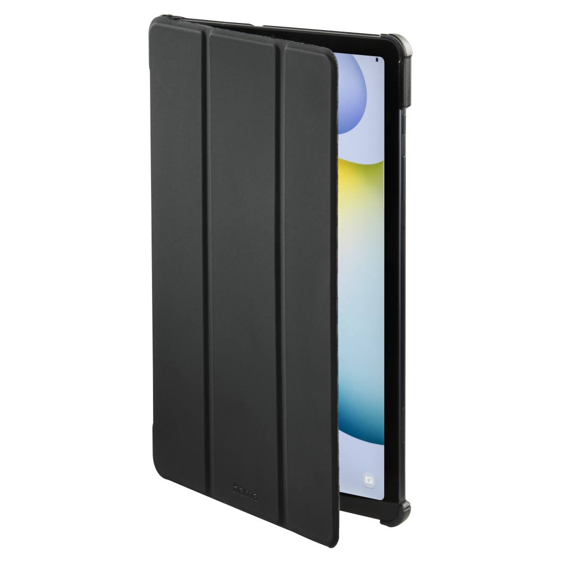 Schwarzes Tablet in einer schwarzen Hülle. Der Tablet-Bildschirm ist sichtbar, zeigt einen bunten Farbverlauf.