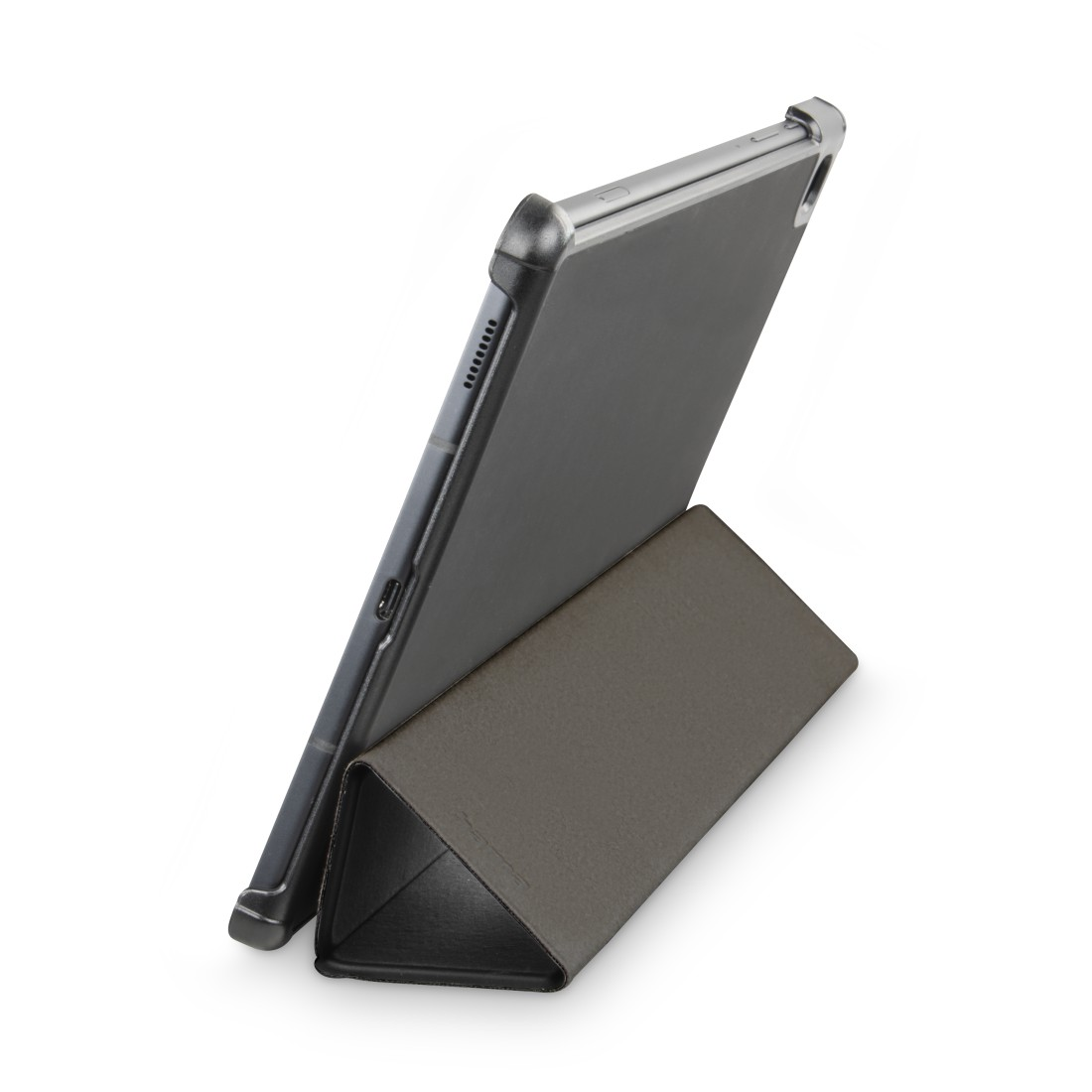 Ein Tablet in einer dunkelgrauen Hülle, auf einem dreieckigen Ständer aufgestellt.
