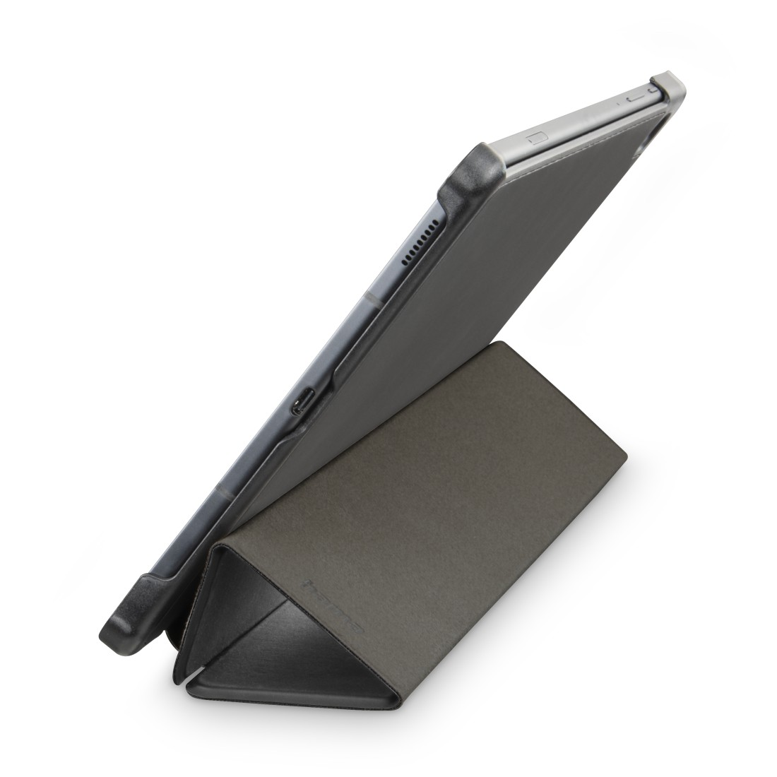 Tablet in einer dunkelgrauen Hülle, auf einem dreieckigen Ständer abgestützt.