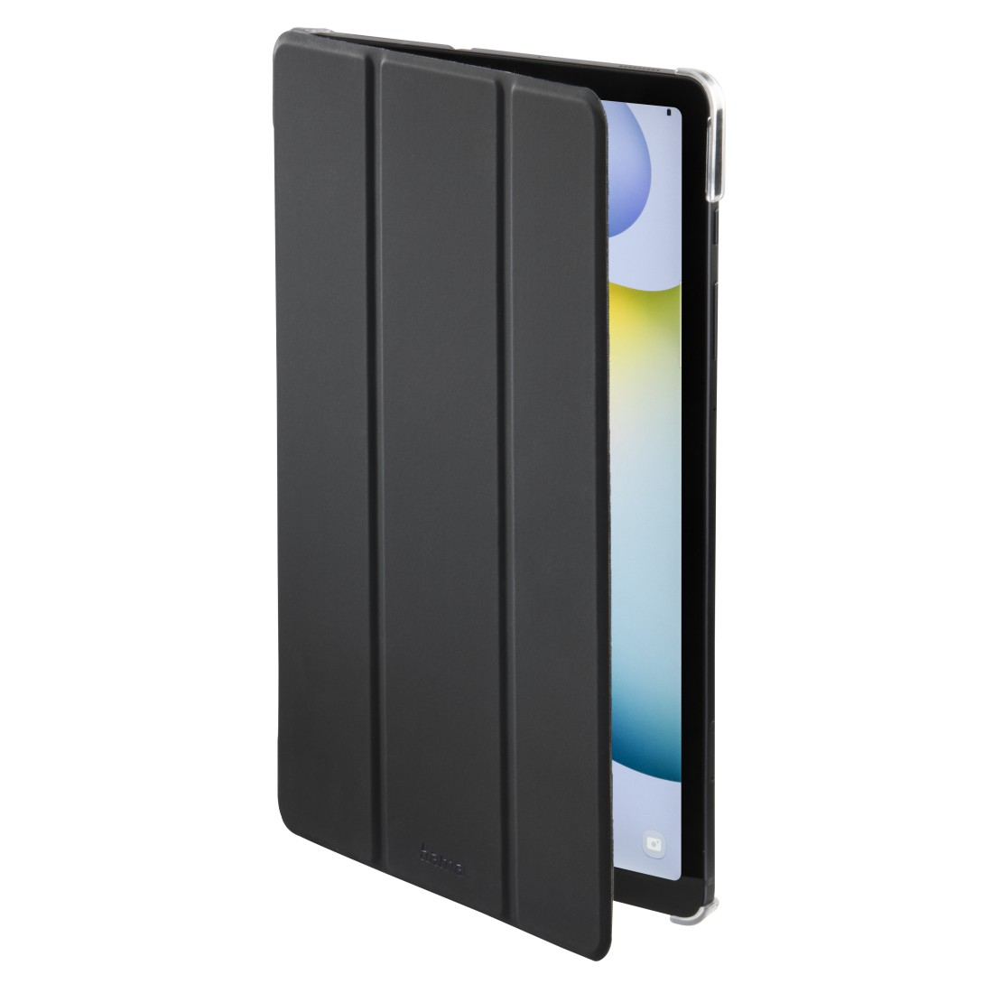 Tablet in schwarzem Hüllenetui. Der Bildschirm zeigt eine Benutzeroberfläche.