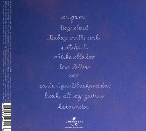 Eine CD-Rückseite mit Songtiteln in weißem Text auf blauem und weißem Hintergrund.