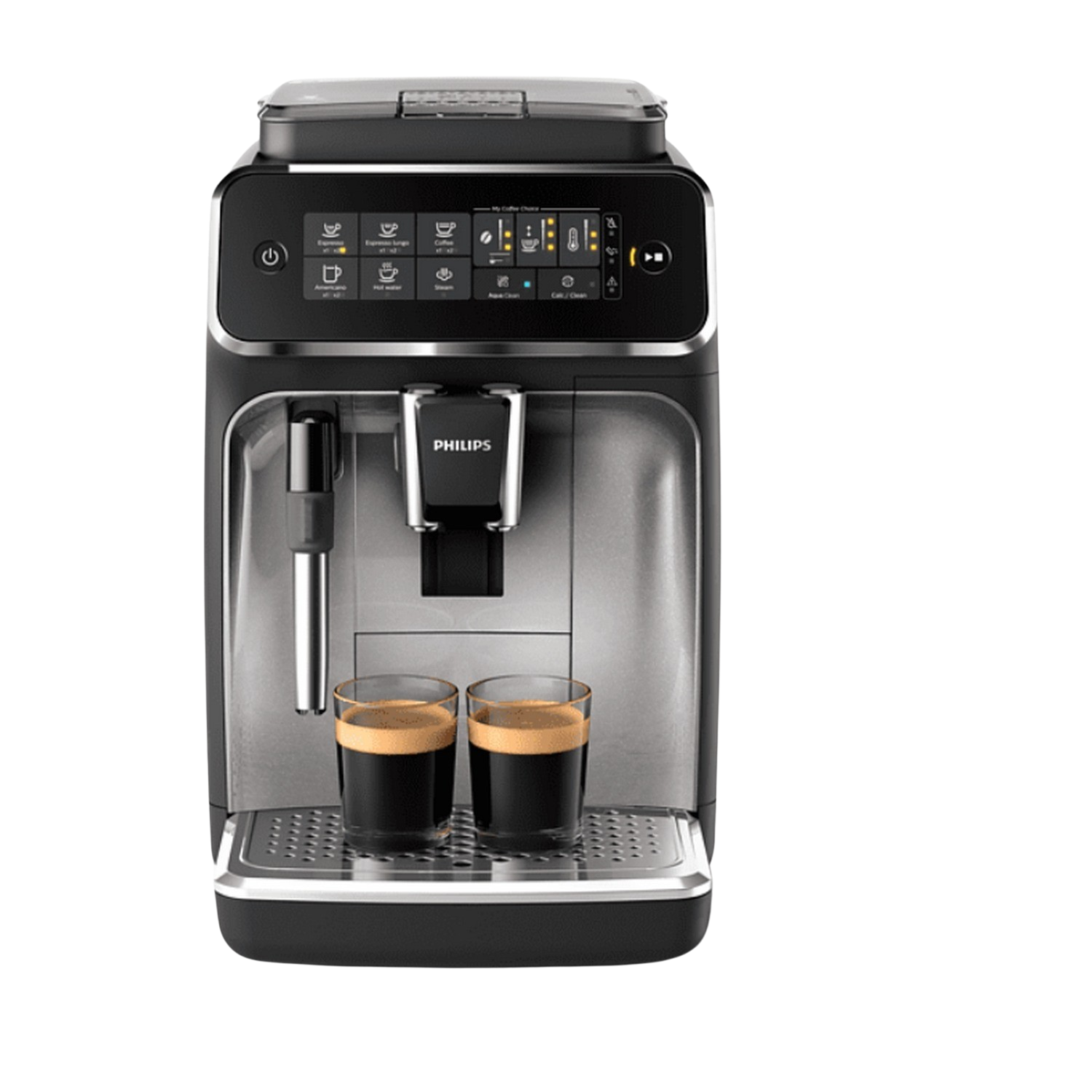Cafetera Philips negra y plateada. Dos vasos con café oscuro. Varios iconos de funciones.