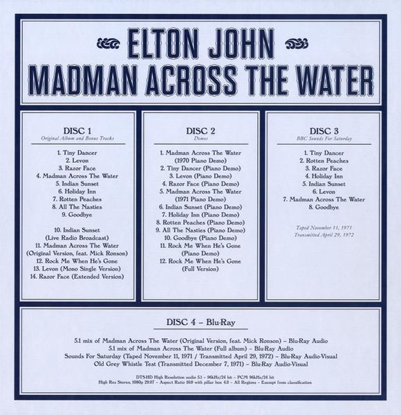 Elton John Albumcover, Text und Titellisten in Rasteranordnung. Blauer Hintergrund.