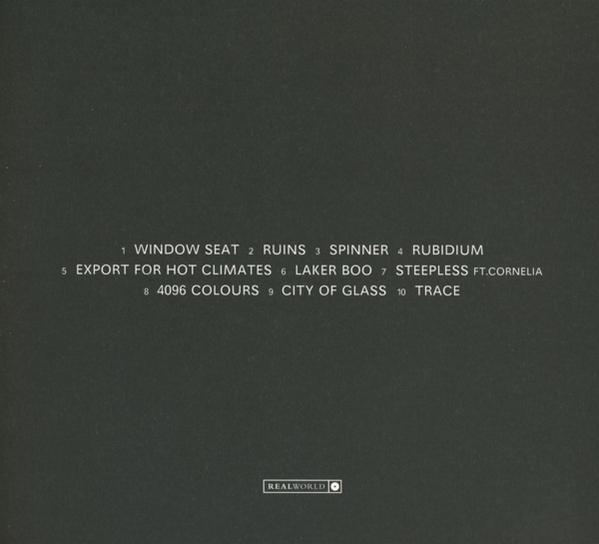 Ein Albumcover mit der Titelliste auf schwarzem Hintergrund.