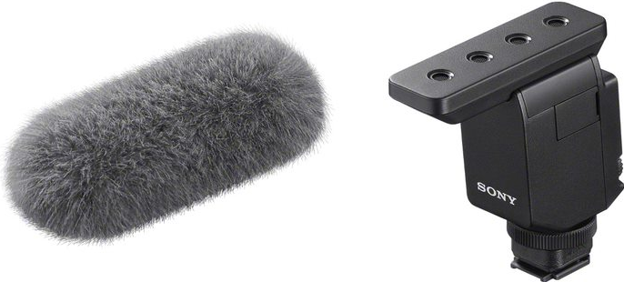 Un couvercle de microphone gris et un support de microphone Sony noir.