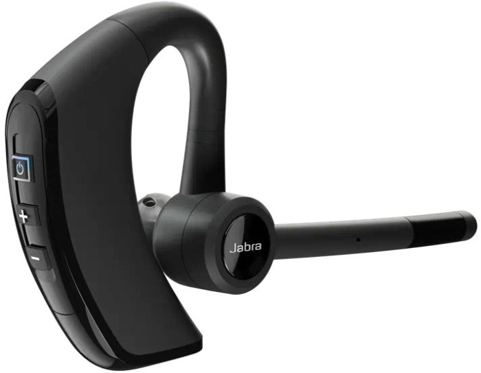 Black Jabra Bluetooth headset. It has a microphone and buttons.