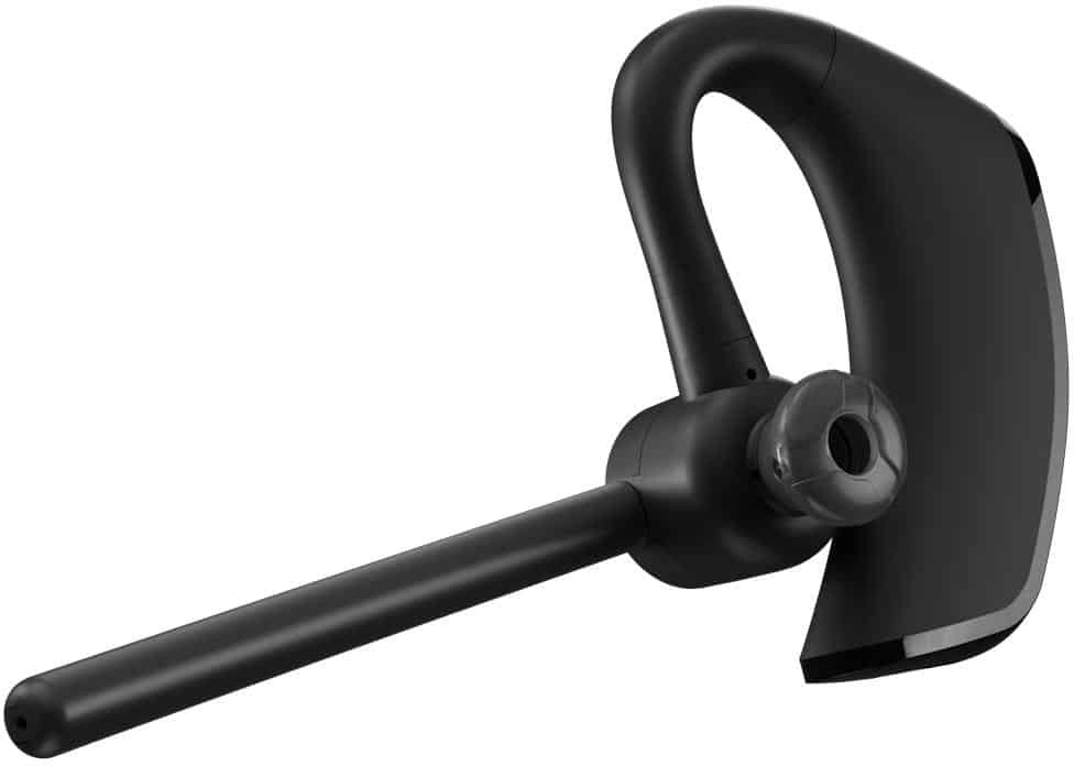 Black Bluetooth headset with a curved ear hook and a microphone boom on a white background.