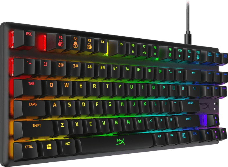Black and red HyperX keyboard, illuminated keys, and a black cable, on a black background.