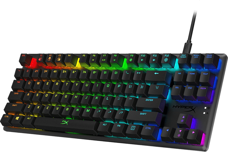 Black gaming keyboard with rainbow-colored keys. The HyperX logo is below the spacebar.