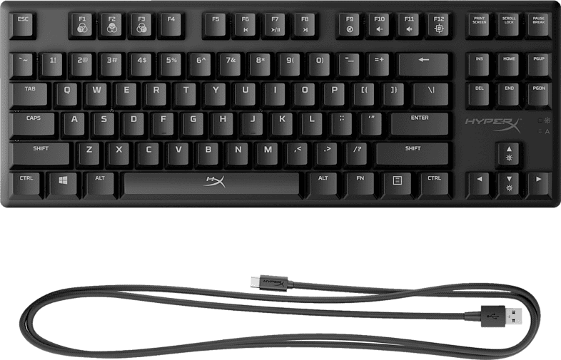 Black keyboard with white keycaps and a USB cable. HyperX logo is visible.