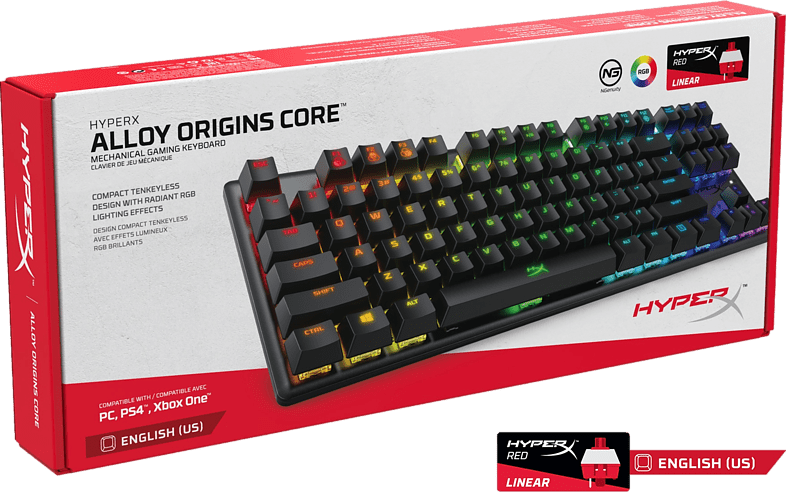 A keyboard box with a keyboard inside, red and white colors, with text and images.