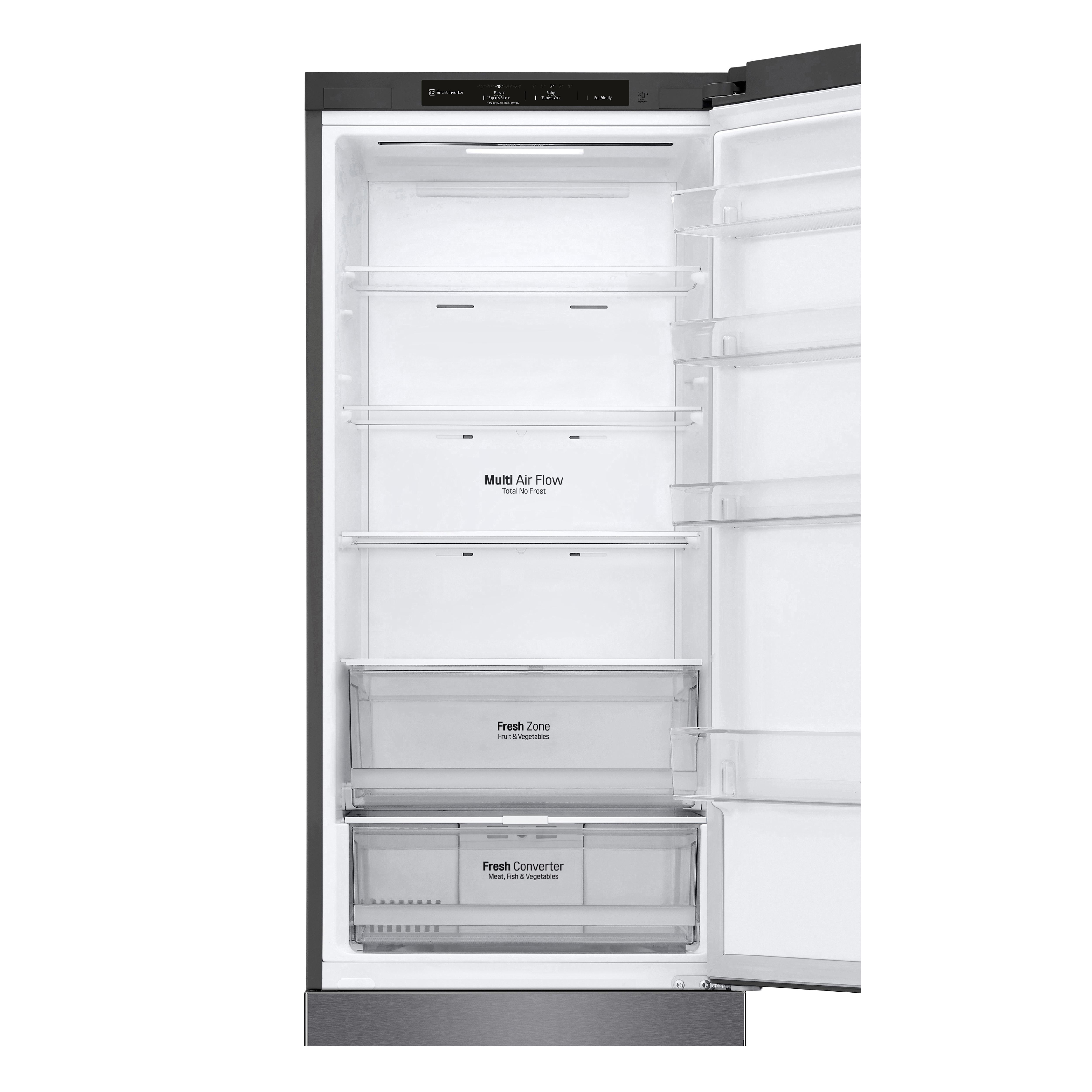 Ein geöffneter Kühlschrank mit Regalen und Schubladen, der das Innere zeigt.