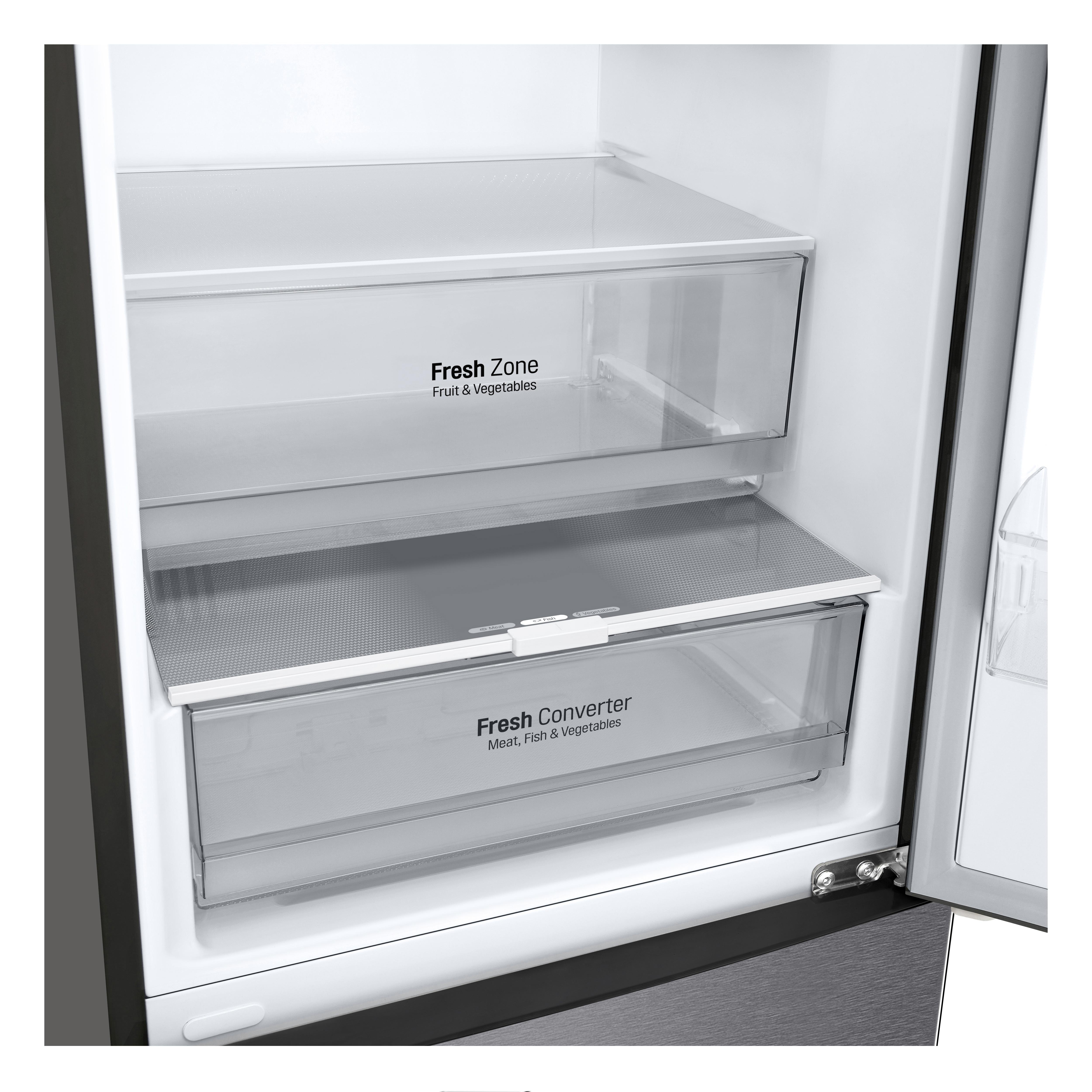 Innenraum eines Kühlschranks mit zwei Schubladen mit der Aufschrift 'Fresh Zone' und 'Fresh Converter'.
