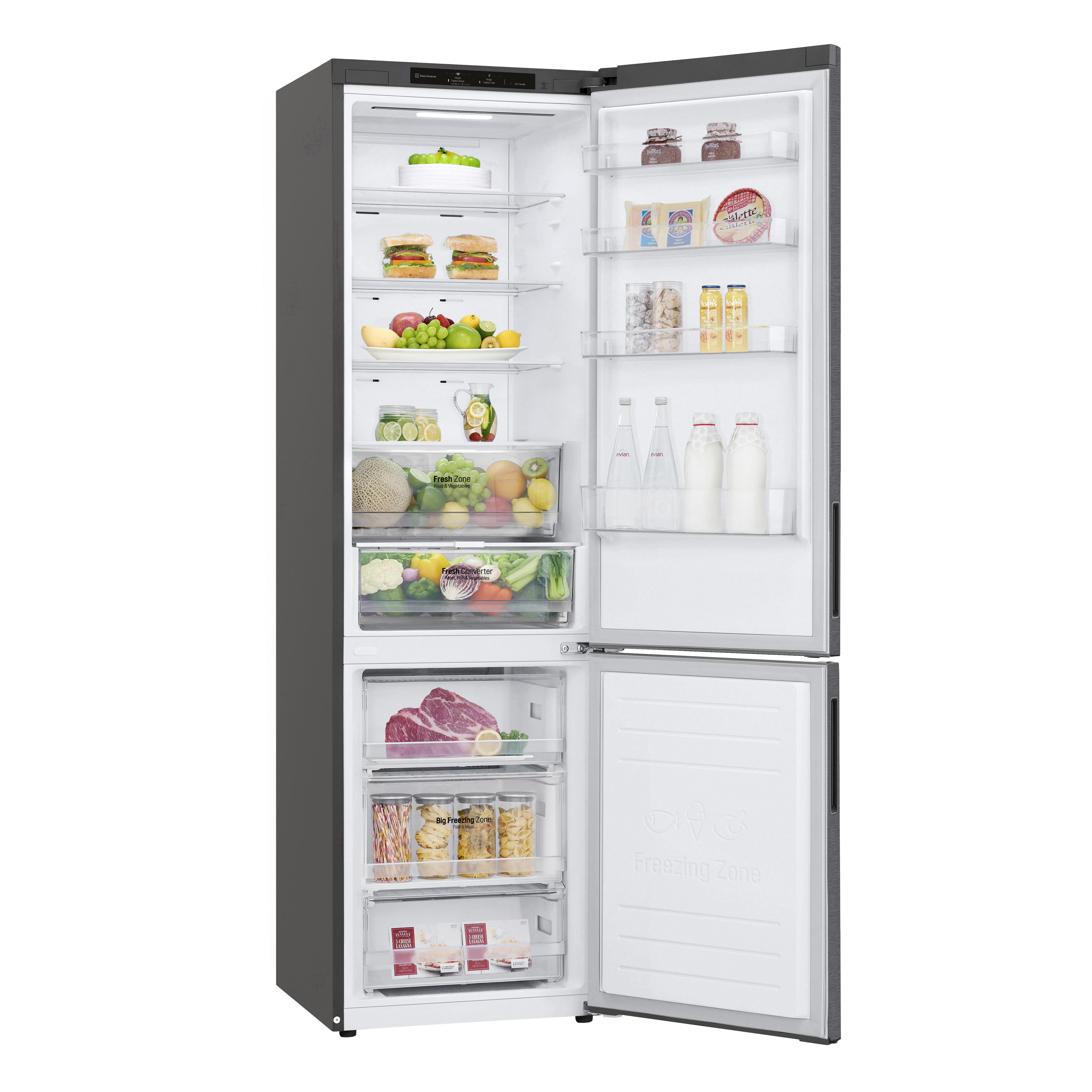 Geöffneter schwarzer Kühlschrank mit vollem Innenraum. Enthält Produkte, Fleisch und Getränke.