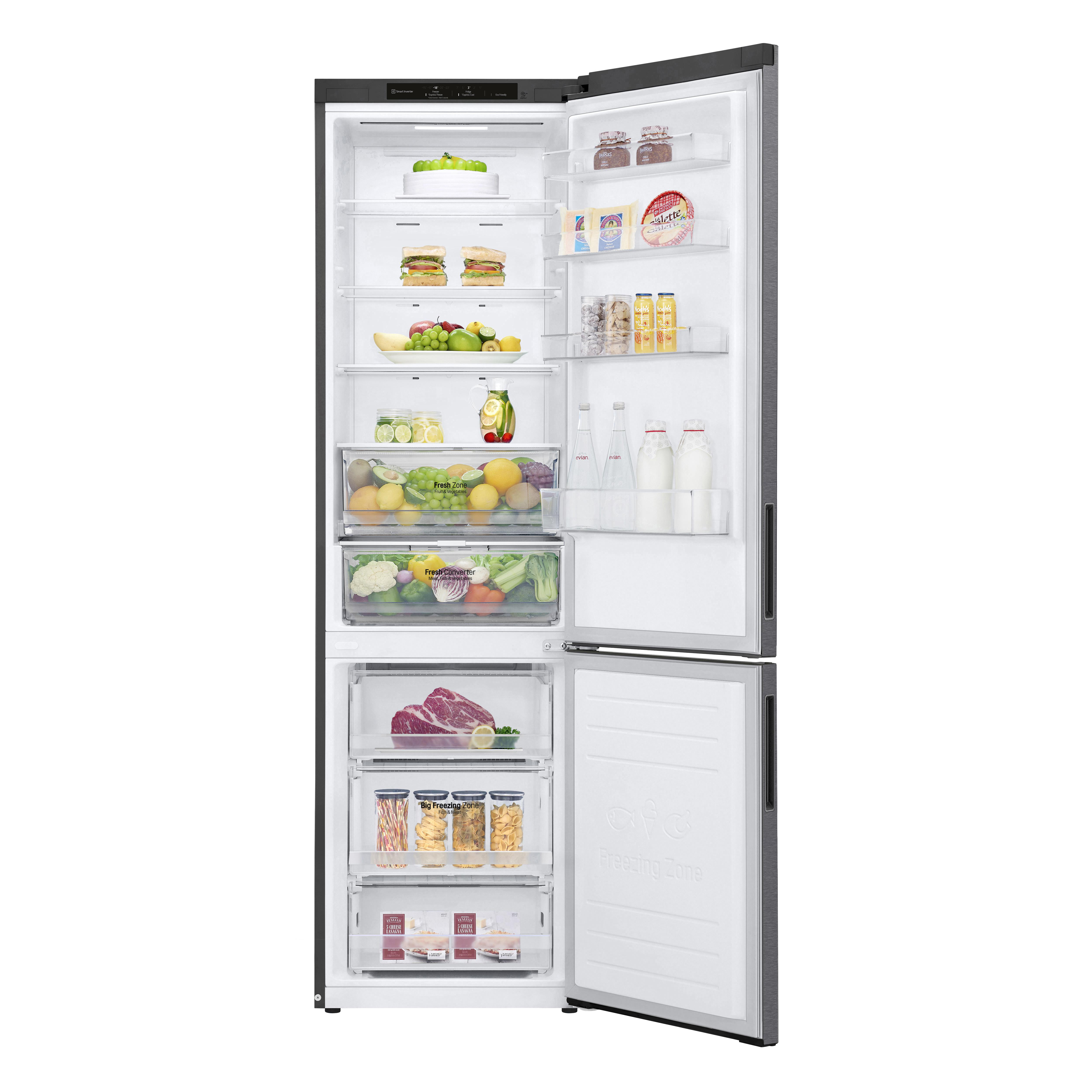 Ein Kühlschrank mit offenen Türen, gefüllt mit Lebensmitteln. Gefrierfach ist sichtbar.