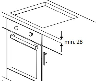 Ein Diagramm, das einen Ofen mit der Mindestabstandsanforderung zeigt.