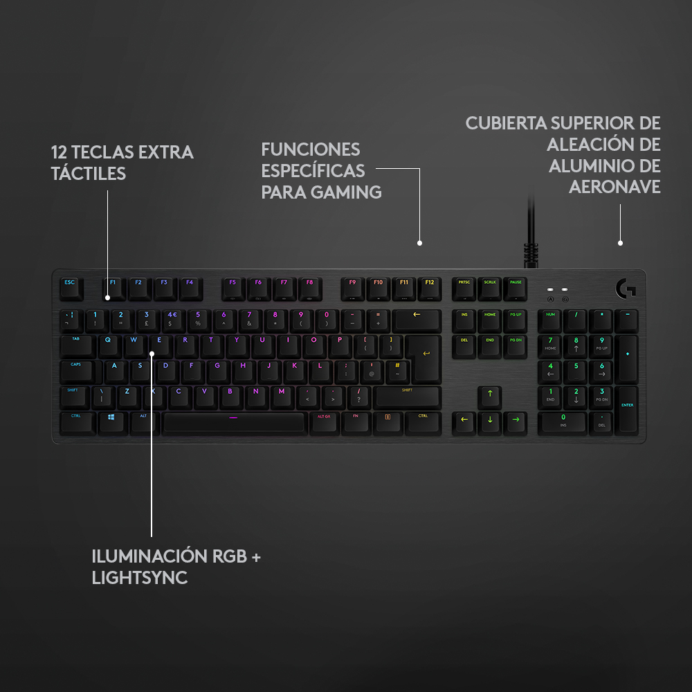 Teclado gaming. Negro con iluminación RGB. 12 teclas táctiles extra, funciones gaming y metal.