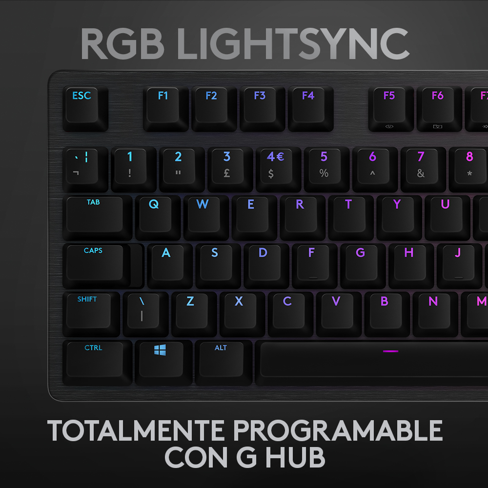 Teclado negro con teclas azules y moradas iluminadas. Texto: 'RGB LIGHTSYNC' y 'TOTALMENTE PROGRAMABLE'.