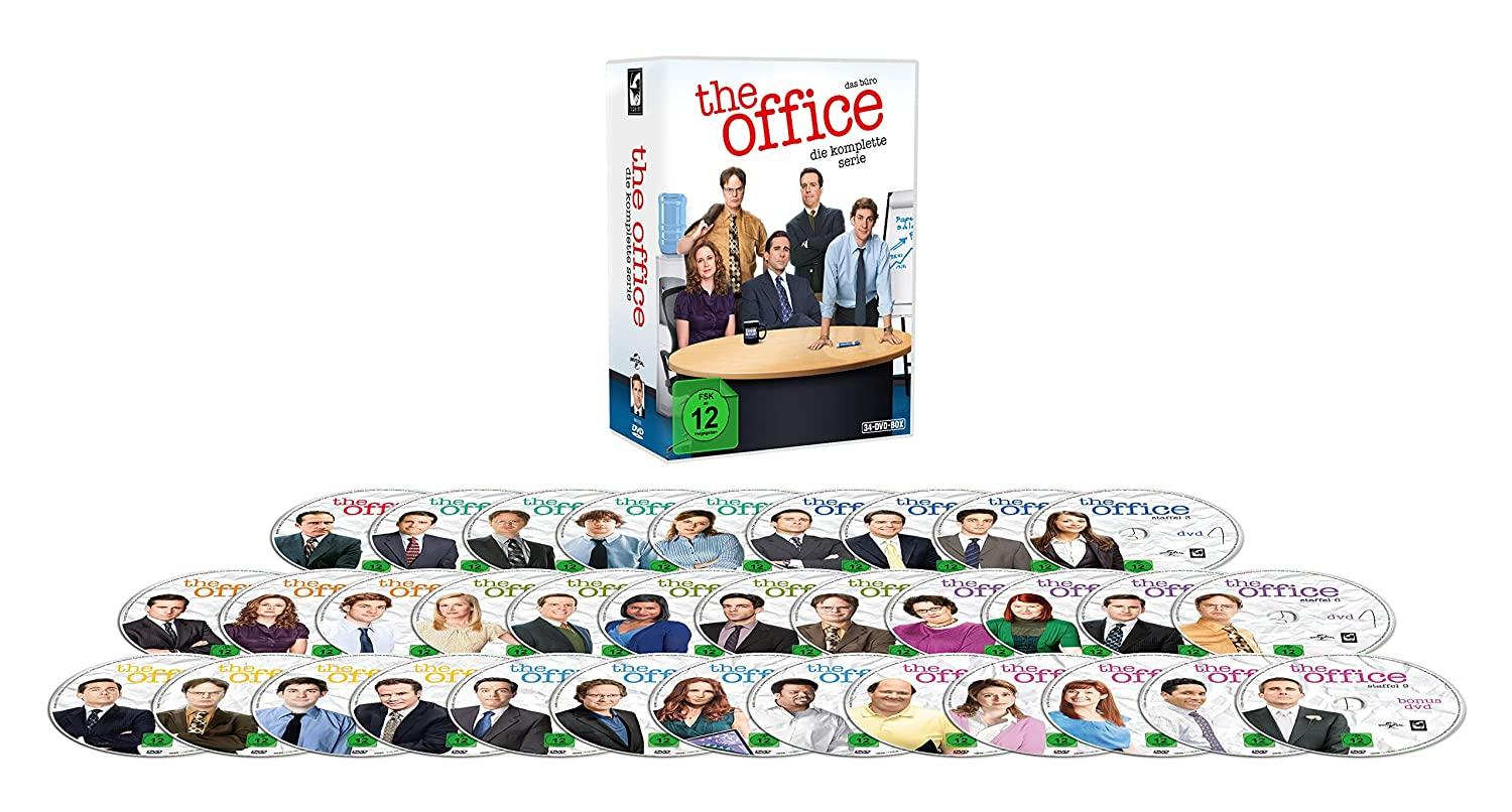 The Office: Die komplette Serie DVD-Set. Discs sind vor der Box-Set angeordnet.
