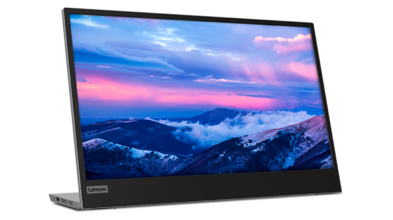 Portátil Lenovo con un paisaje en la pantalla. La pantalla está inclinada.