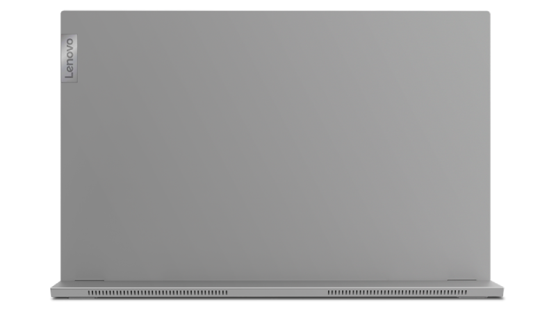 Parte trasera de la computadora portátil con el logotipo de Lenovo en el centro superior.