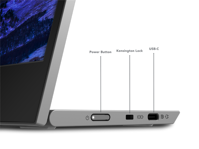 Vista lateral del portátil con botón de encendido, cerradura Kensington y puerto USB-C. Gris claro y oscuro.