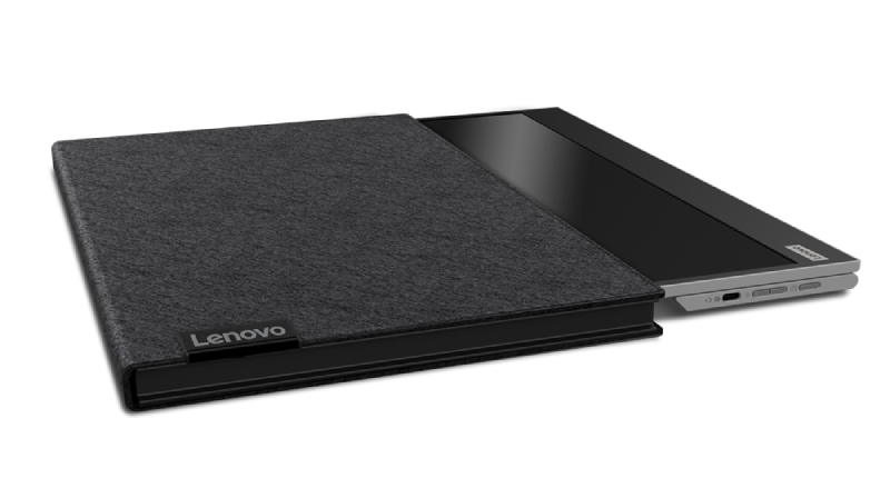 Laptop con tapa cerrada, marca Lenovo y pantalla abierta. Fondo oscuro.