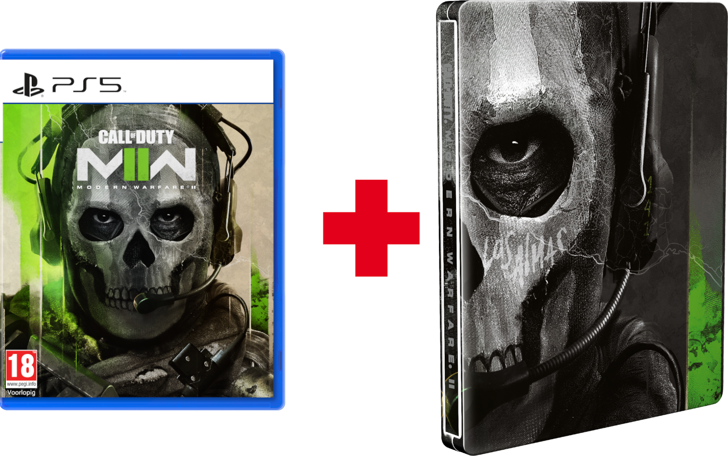 Boîtier de jeu Call of Duty: Modern Warfare II et steelbook avec un crâne.