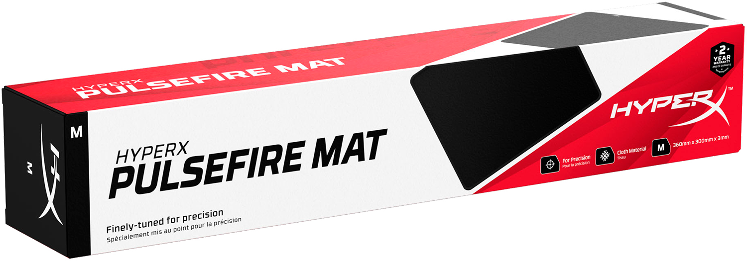 HyperX Pulsefire Mat box, black and red, with text and graphics, white background.