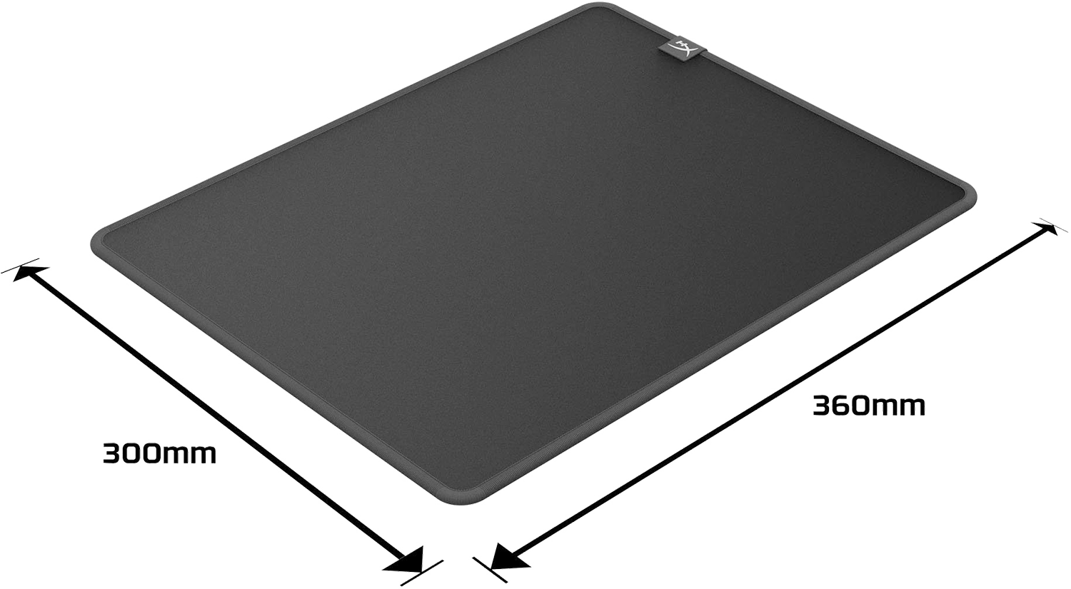 Black mousepad with dimensions. It is rectangular with rounded corners. Dimensions: 300mm x 360mm.