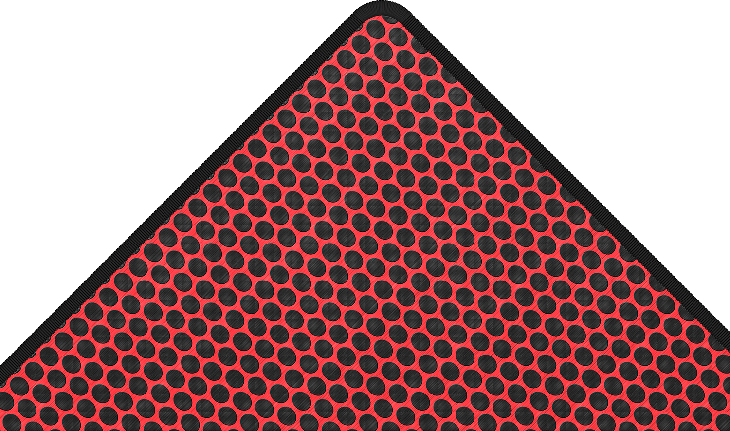 Rood-zwarte driehoekige mat met een stippenpatroon.